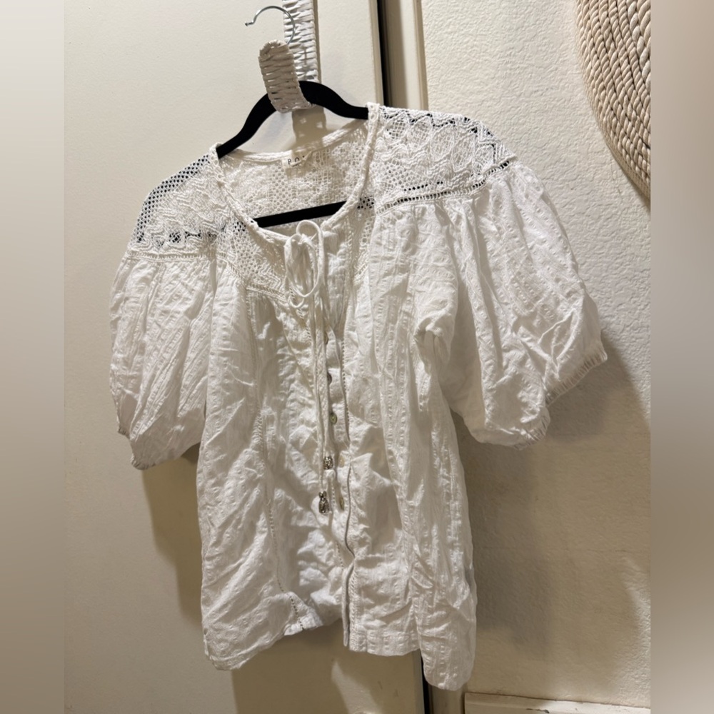POL white button down shirt top crochet large